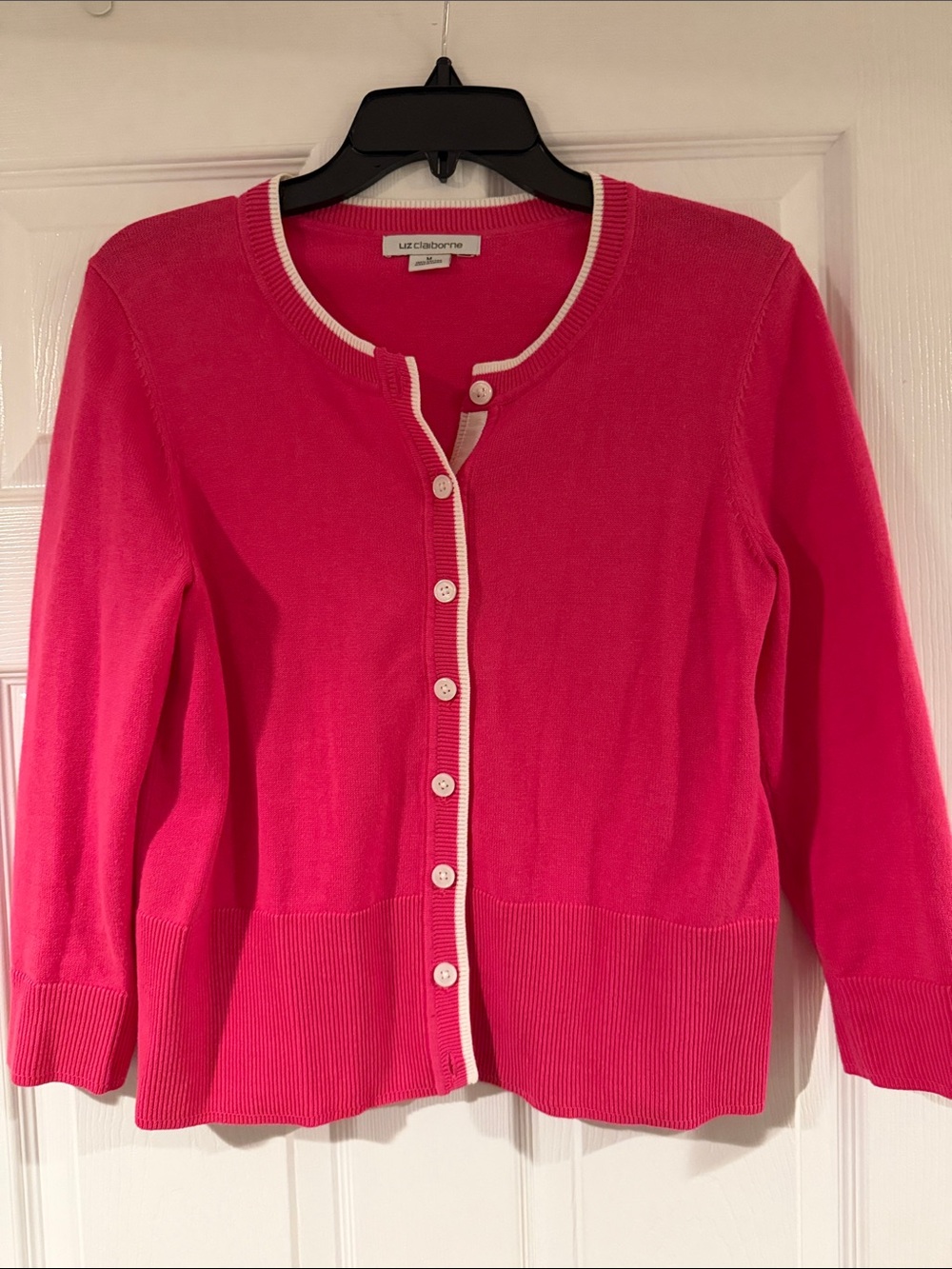 Liz Claiborne Bright Pink Button-Up Cardigan with White Trim Medium